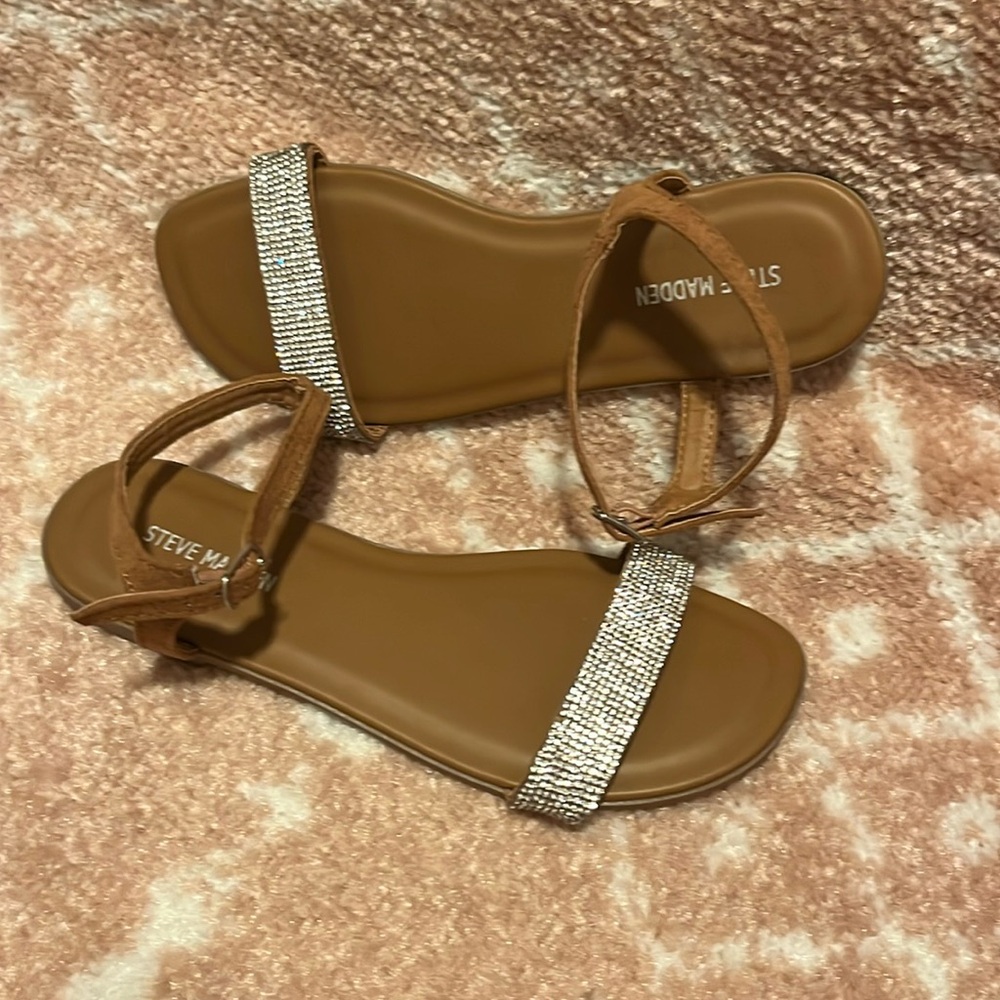Tan double strap sparkly sandals with rhinestone details